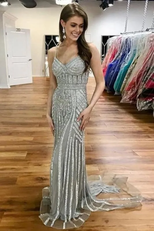 Graceful Graceful Fabulous Gray Spaghetti Strap Sparkly Evening Sexy Long Mermaid Prom Dress