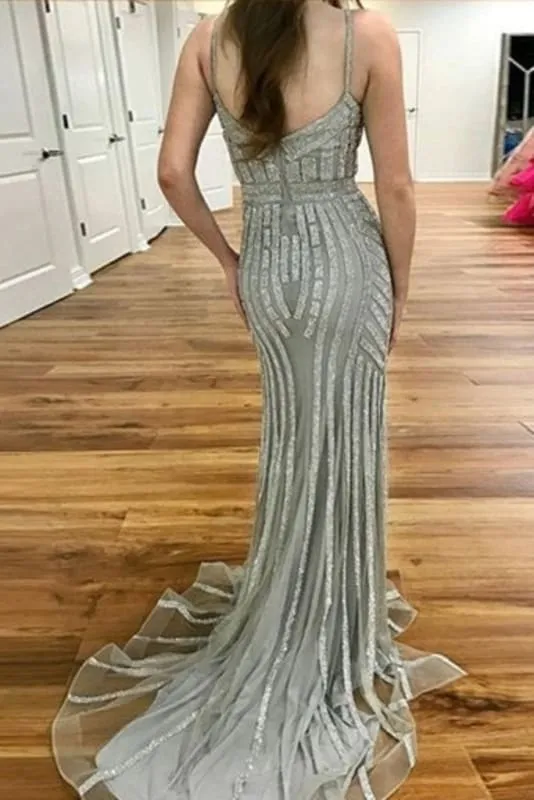 Graceful Graceful Fabulous Gray Spaghetti Strap Sparkly Evening Sexy Long Mermaid Prom Dress