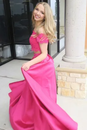 Graceful Graceful Fuchsia Off Shoulder Prom Dress with Lace Two Piece Long Satin Formal Dresses