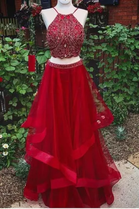 Graceful Graceful Red Two Piece Prom Dresses with Beading Charming Long Homecoming Dress
