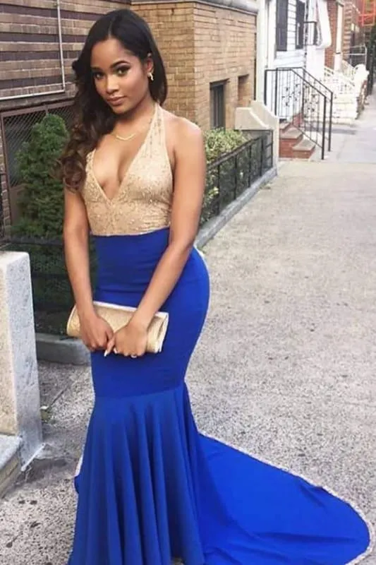 Graceful Spaghetti Straps Halter Sleeveless Mermaid Prom Dresses
