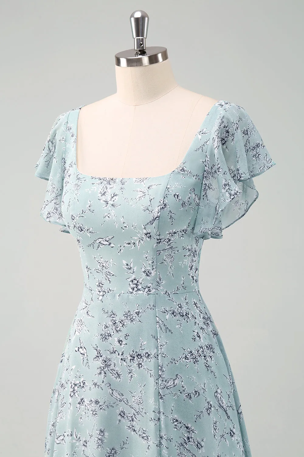Grey Green A Line Square Neck Floral Maxi Dress with Ruffles