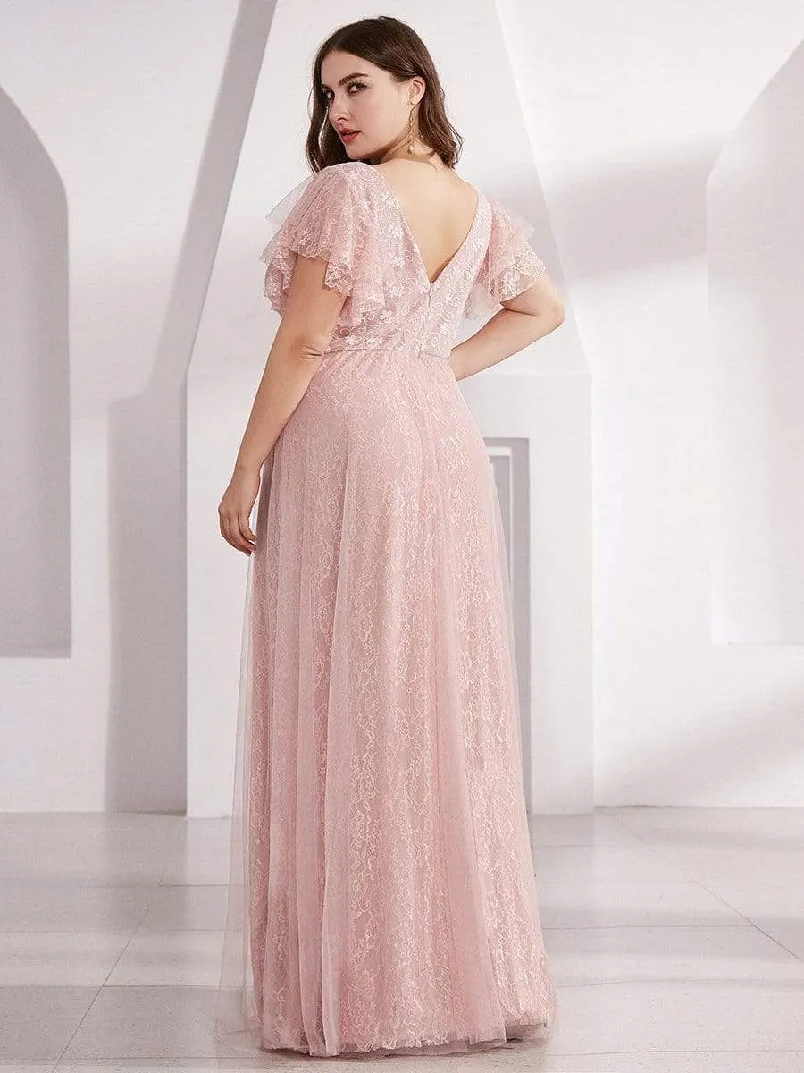 Maxi Long Plus Size Lace Evening Dresses with Ruffle Sleeves