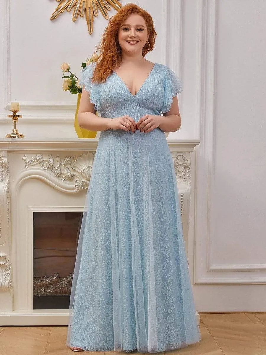 Maxi Long Plus Size Lace Evening Dresses with Ruffle Sleeves