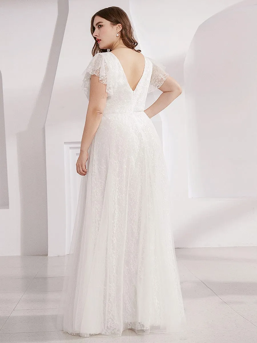 Maxi Long Plus Size Lace Evening Dresses with Ruffle Sleeves