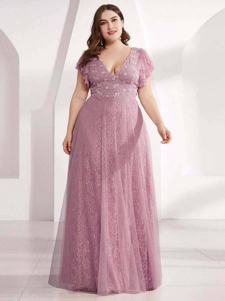 Maxi Long Plus Size Lace Evening Dresses with Ruffle Sleeves
