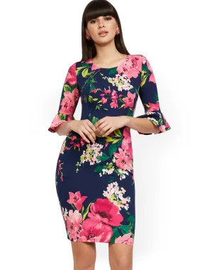 Navy Flounce-Cuff Sheath Dress - Magic Crepe®