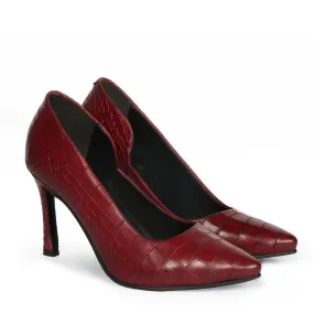 Pointed Toe Croco Textured Chic Wine Sleek Stiletto Ladies Pencil Heel By Brune & Bareskin