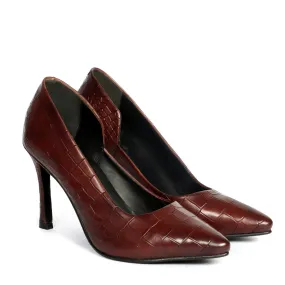 Pointed Toe Hand Crafted Dark Brown Deep Cut Sleek Stiletto Ladies Pencil Heel By Brune & Bareskin