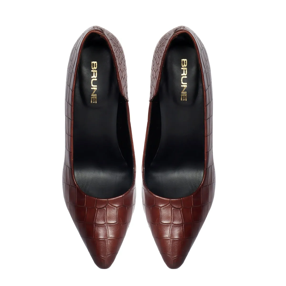 Pointed Toe Hand Crafted Dark Brown Deep Cut Sleek Stiletto Ladies Pencil Heel By Brune & Bareskin