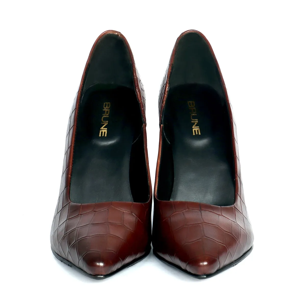 Pointed Toe Hand Crafted Dark Brown Deep Cut Sleek Stiletto Ladies Pencil Heel By Brune & Bareskin