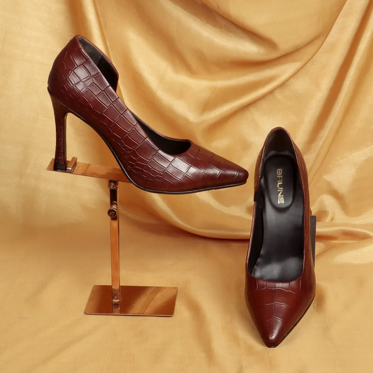 Pointed Toe Hand Crafted Dark Brown Deep Cut Sleek Stiletto Ladies Pencil Heel By Brune & Bareskin
