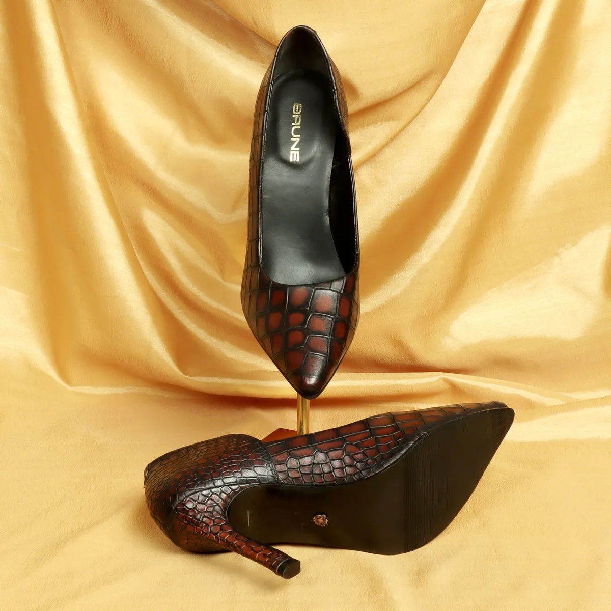 Pointed Toe Luxurious Smokey Dark Brown Sleek Stiletto Ladies Pencil Heel By Brune & Bareskin