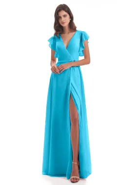 Pool Color Bridesmaid Dresses Hope Charming V Neck Long Chiffon Bridesmaid Dresses