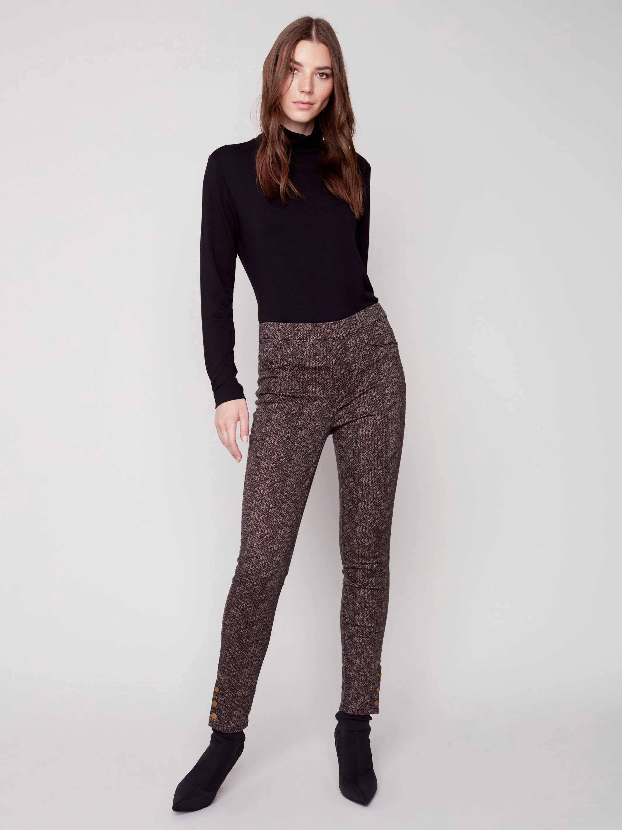 Printed Twill Pants with Snap Button Hem - Truffle