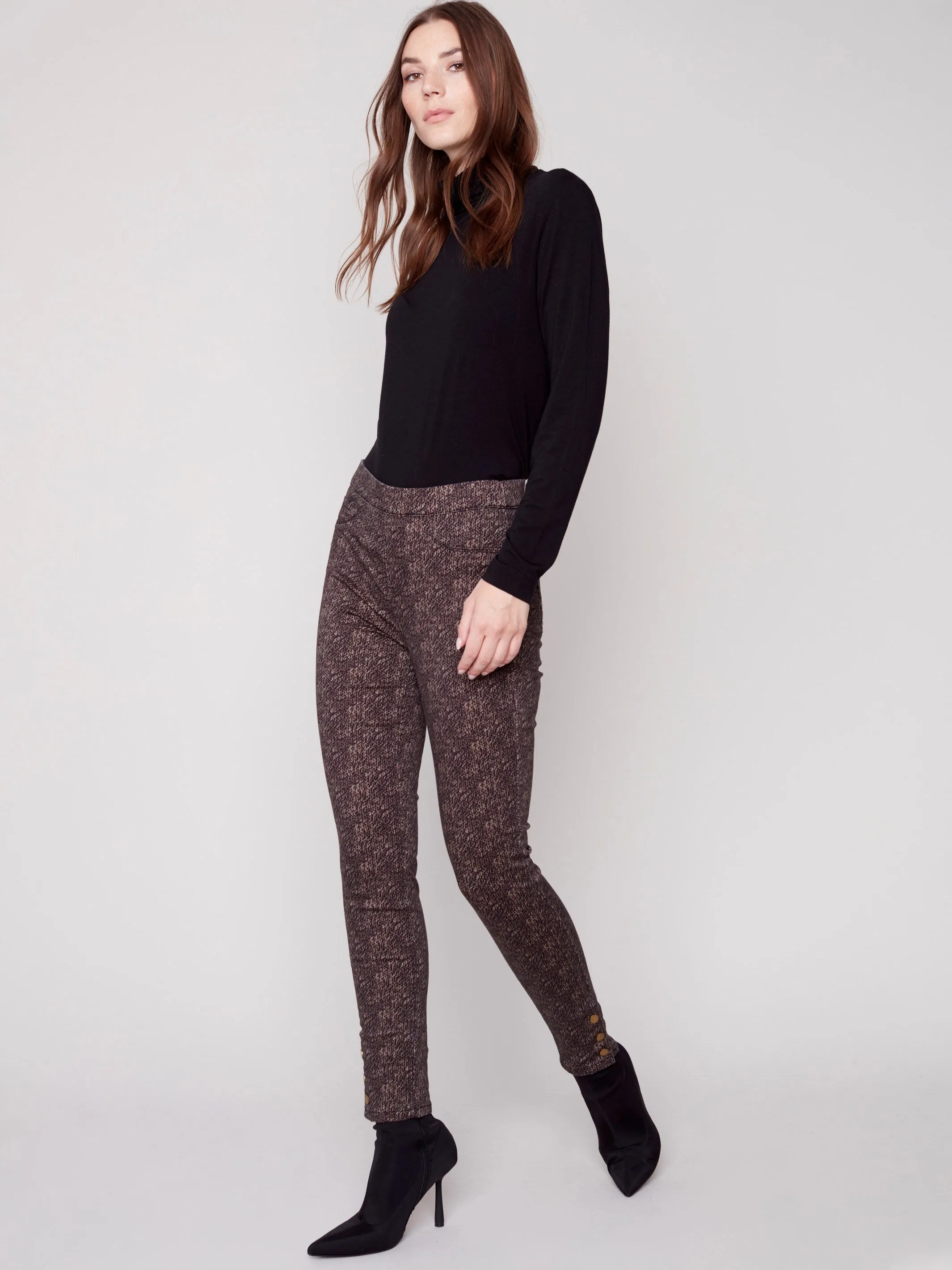 Printed Twill Pants with Snap Button Hem - Truffle