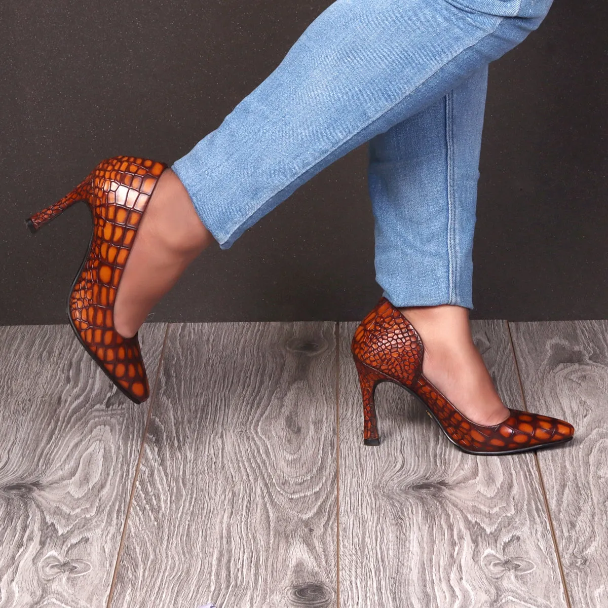 Smokey Tan Pointed Toe Luxurious Sleek Stiletto Ladies Pencil Heel By Brune & Bareskin