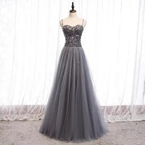 Spaghetti straps sweetheart sequins crystals beaded gray tulle prom dresses 2020
