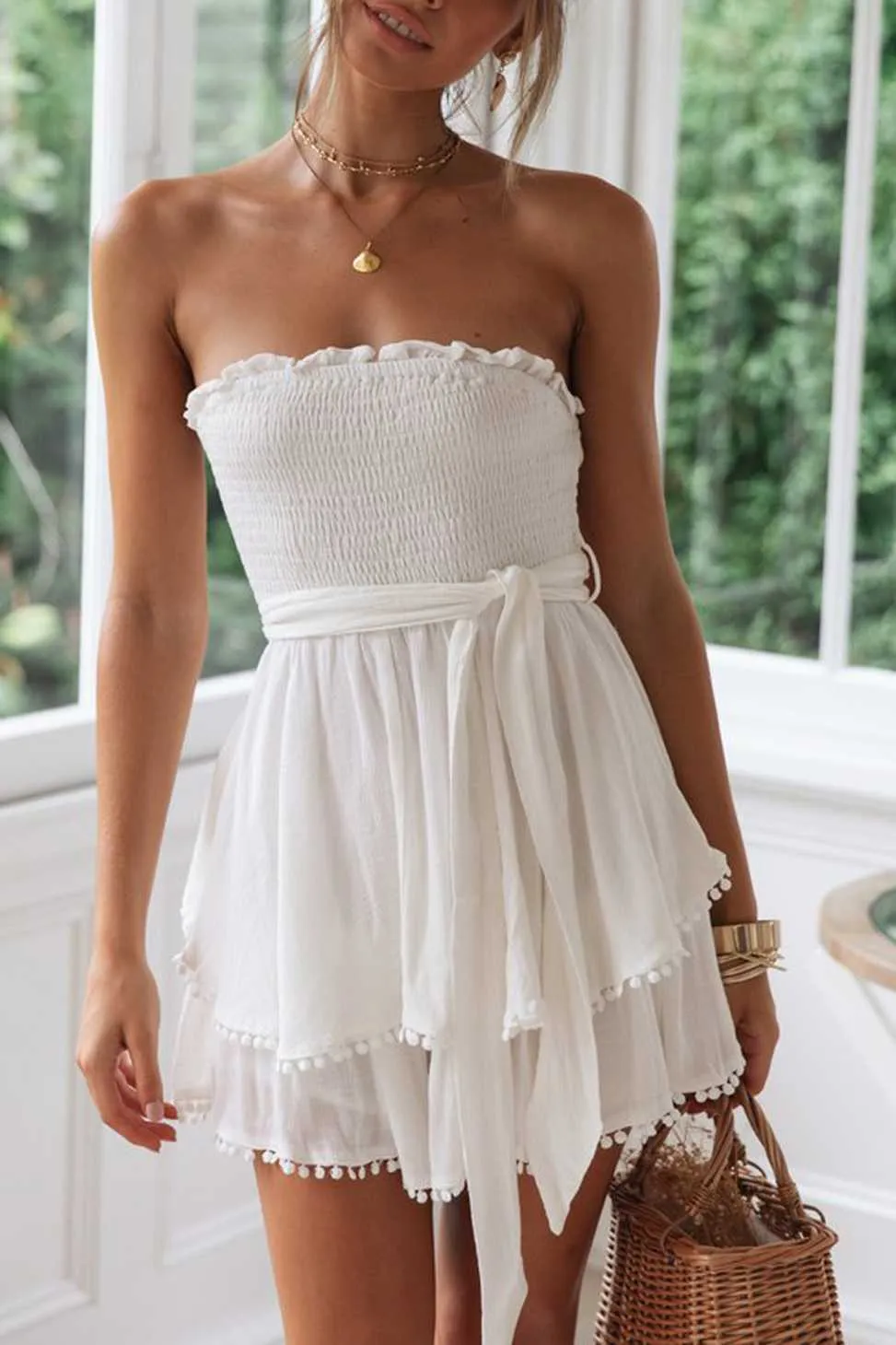 Tie Waist Smocked Pompom Trimed Layered Strapless Romper Shorts Bandeau Playsuits