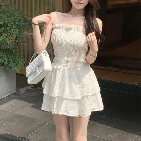 Tie Waist Smocked Pompom Trimed Layered Strapless Romper Shorts Bandeau Playsuits