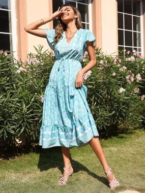 Timeless Romance: Women's Floral Tiered Petal Sleeves Midi Dress