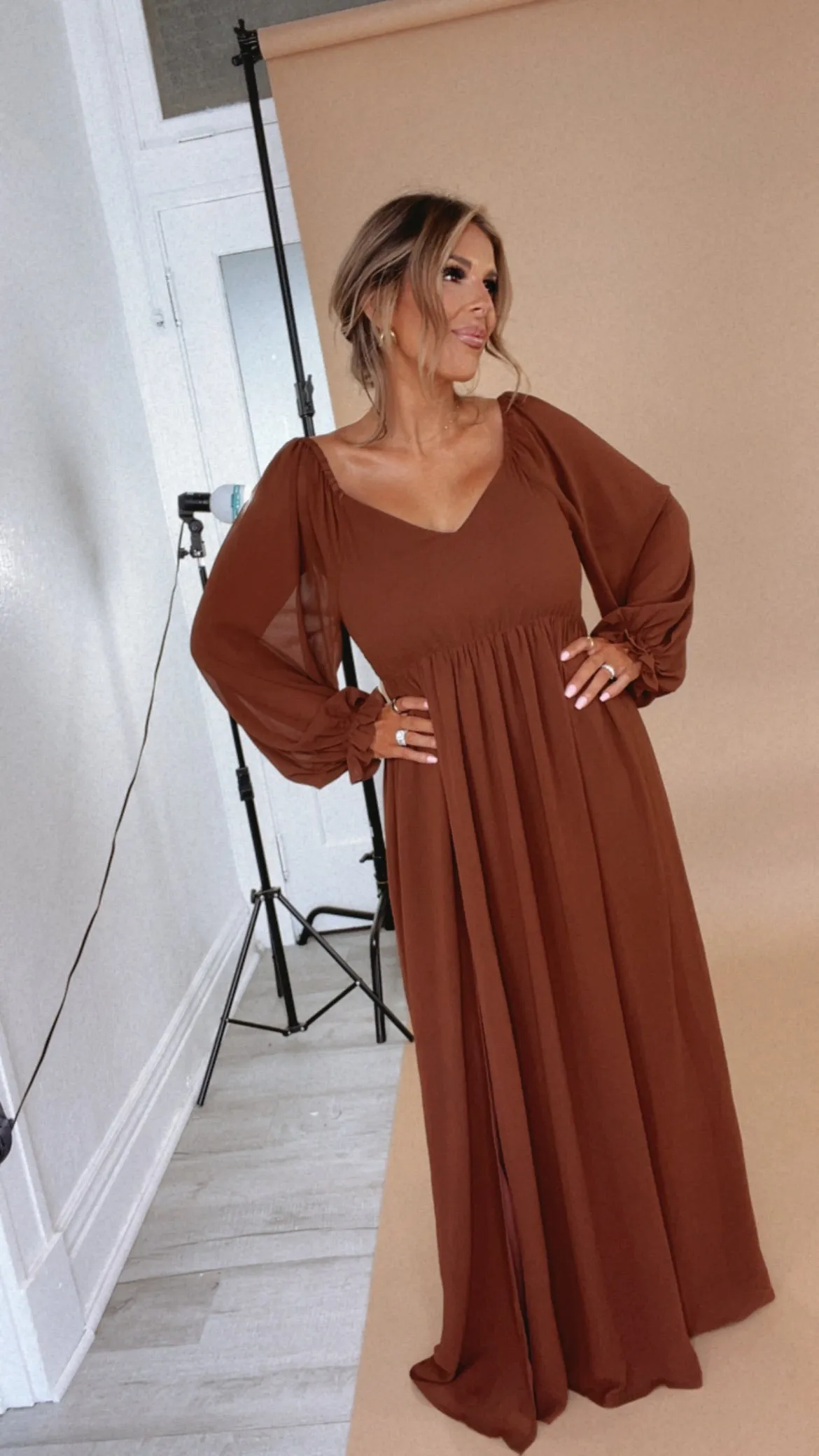 Timeless Romantic Chiffon Maxi Dress, Brown