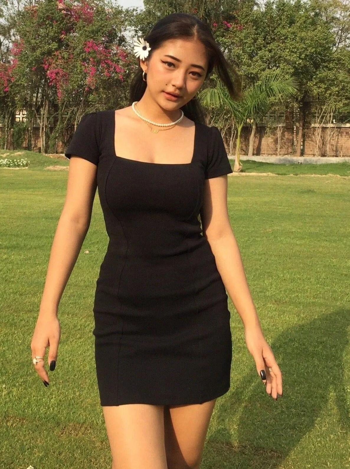 Veronica Dress (Women Bodycon Square Neck Dress) : Black For Women