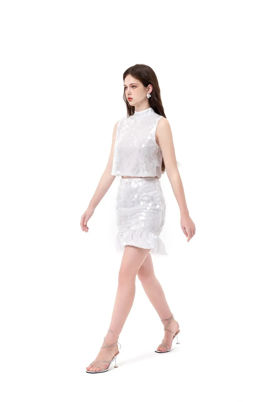 White Sheer Toggle Slimming Ruffle Hem Half Skirt