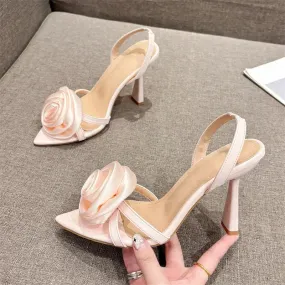 Wjczt New Sexy Flower Women Sandals Summer Pointed Toe High Heels Shoes Elegant Wedding Banquet Prom Zapatos De Mujer