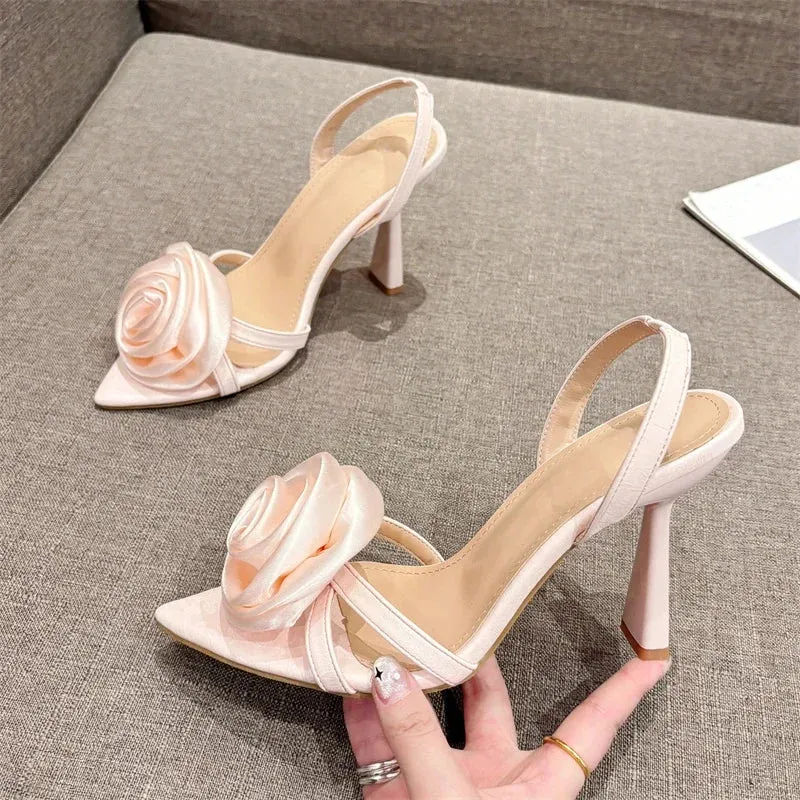 Wjczt New Sexy Flower Women Sandals Summer Pointed Toe High Heels Shoes Elegant Wedding Banquet Prom Zapatos De Mujer