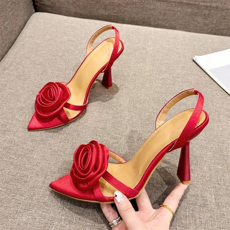 Wjczt New Sexy Flower Women Sandals Summer Pointed Toe High Heels Shoes Elegant Wedding Banquet Prom Zapatos De Mujer