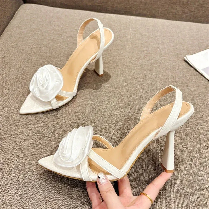 Wjczt New Sexy Flower Women Sandals Summer Pointed Toe High Heels Shoes Elegant Wedding Banquet Prom Zapatos De Mujer