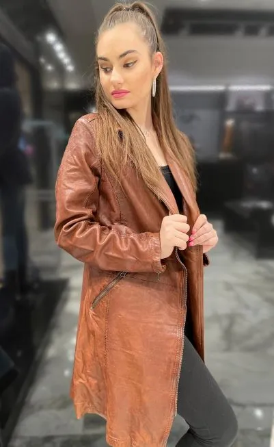 Women's Stylish Long Leather Coat By TJS